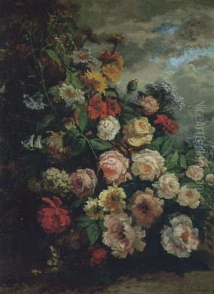 Composition Aux Roses Et Dahlias Sur Fond De Paysage - view 1