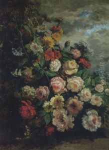 Composition Aux Roses Et Dahlias Sur Fond De Paysage by Louis Jean Baptiste Boulange