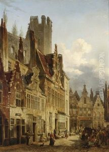 A Busy Market Scene In The Streets Of Ghent by Francois-Jean-Louis Boulanger