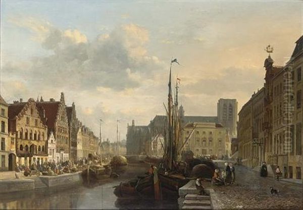 A View Of The Leie In Ghent, With Many Figures On A Quay - view 1