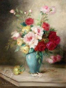 Stilleben Mit Bunten Rosen In Einer Blauen Vase by Auguste Boulard Jr.