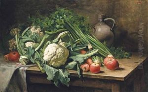 Cabbages, Carrots And Apples With A Jug On A Wooden Table by Paul Antoine de la Boulaye