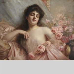 Belle Epoque Beauty Reclining On A Settee With Roses by Paul Antoine de la Boulaye