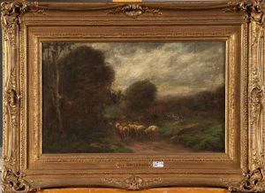 Berger Et Son Troupeau Sur Un Chemin De Campagne by Hippolyte Boulenger