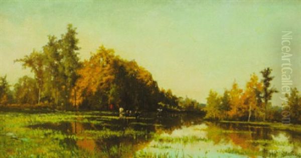 Stream Through The Lowlands, With Cows Watering And Herder - view 1
