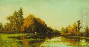 Stream Through The Lowlands, With Cows Watering And Herder by Hippolyte Boulenger