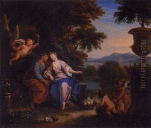 A Classical Landscape With An Amorous Couple In An Arbour With Attendant Putti by Louis de, the Younger Boulogne