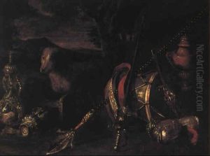Milit,risches Ger,t Vor Einem Baum; Hund Und Landschaft Im Hintergrund by Genevieve Boulogne