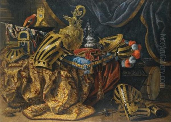 Pieces Of Parade Armour, A Plumed Helmet, A Pistol In A Case, A Gilt Ewer, A Silver Perfume Burner, A Jewellery Box, A Trumpet, And A Flag On A Cassone, With A Parrot, A Pillar Clock On A Pedestal And A Drum And Mace On The Floor - view 1
