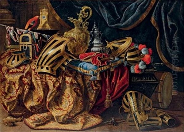 Pieces Of Parade Armour, A Plumed Helmet, A Pistol In A Case, A Gilt Ewer, A Silver Perfume Burner, A Jewellery Box, A Trumpet And A Flag On A Partly-draped Cassone - view 1