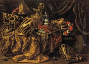 Pieces Of Parade Armour, A Plumed Helmet, A Pistol In A Case, A Gilt Ewer, A Jewelry Box And Perfume Bottle On A Draped Cassone, With Other Objects On A Stone Floor by Madeleine Boulogne