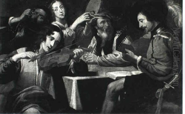 Concert Of Four Musicians With A Man Drinking A Glass Of    Wine - view 1