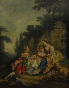 Garden Scene With Figures And Dog