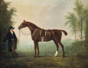 A Saddled Chestnut Hunter And Groom