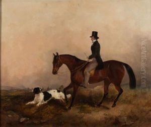 A Gentleman Mounted On A Chestnut Hunter, In A Landscape, With His Spaniel Dog, A View To A Town Beyond by John Boultbee