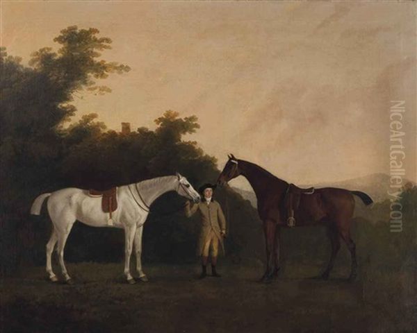A Groom Holding A Grey And A Dark Bay Hunters In A Wooded Landscape, A Tower Beyond - view 1