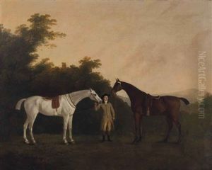 A Groom Holding A Grey And A Dark Bay Hunters In A Wooded Landscape, A Tower Beyond