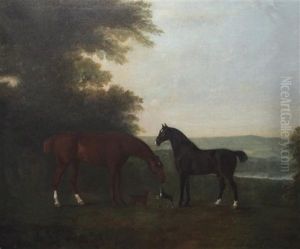 Two Horses And Two Dogs In A Landscape