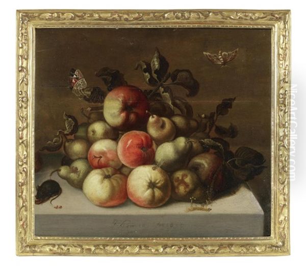 Quince And Pears Together With A Mouse And Butterflies On A Stone Ledge - view 1