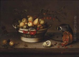 A Wicker Basket With Apples, Pears, Cherries, Plums, Peas And Currents, With A Sliced Lemon And A Monkey Overturning An Earthenware Bowl Of Wild Strawberries, On A Ledge by Johannes Bouman