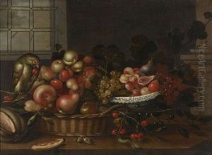 Panier De Fruits Et Perroquet Sur Un Entablement by Johannes Bouman