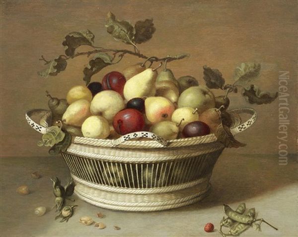 Apples, Pears And Plums In A Basket With Hazelnuts - view 1