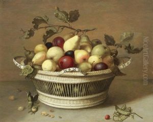 Apples, Pears And Plums In A Basket With Hazelnuts by Johannes Bouman