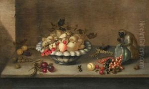 A Still Life Of Pears In A Bowl And Scattered Gooseberries, Cherries, Peas, Strawberries, Redcurrants, Blackcurrants And Hazelnuts On A Stone Ledge With A Chained Monkey by Johannes Bouman