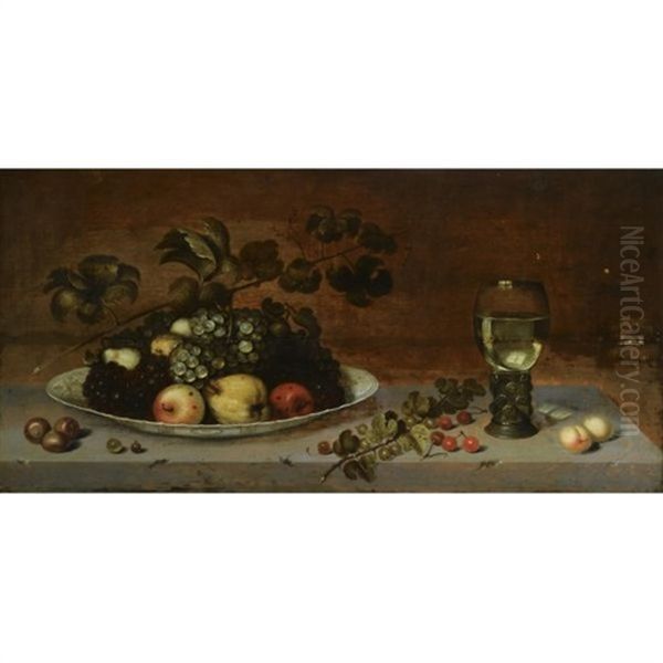 A Still Life With Grapes, Apples, A Quince And Pears On A Wan-li Porcelain Dish, Together With Medlars, Gooseberries, Cherries And Peaches, All On A Stone Ledge With A Roemer - view 1