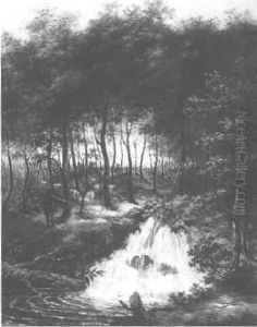 A Wooded Landscape With Herdsmen And Their Flock Near A Waterfall by Pieter Bouman