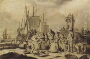 Merchants And Other Figures Eating, Drinking And Smoking On A Beach, Shipping And A Town Beyond by Cornelis Boumeester