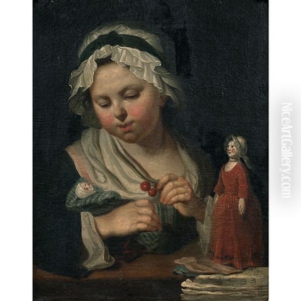 Petite Fille Donnant Des Cerises A Ses Poupees - view 1