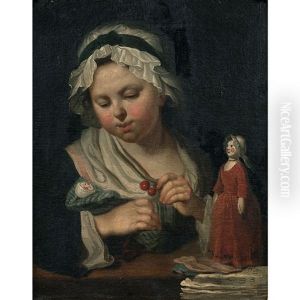 Petite Fille Donnant Des Cerises A Ses Poupees by Michel Honore Bounieu
