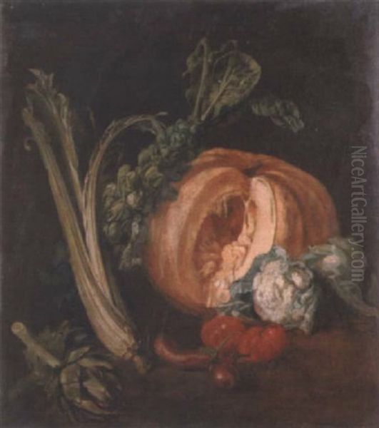 A Melon, Brussel Sprouts, A Cardoon, An Artichoke, Cauliflowers, Tomatoes And Aubergines - view 1
