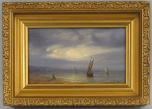 Sandy Shoreline With Figures And Boats by Michel Bouquet