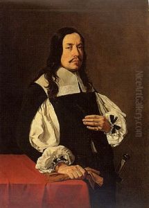 Portrait Of A Man Standing By A Table Draped With A Red Cloth, Holding His Gloves