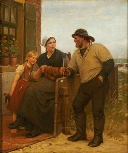 Famille De Pecheurs En Conversation by Henri Jacques Bource
