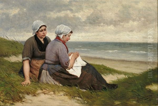 Zwei Madchen In Belgischer Tracht Am Strand - view 1