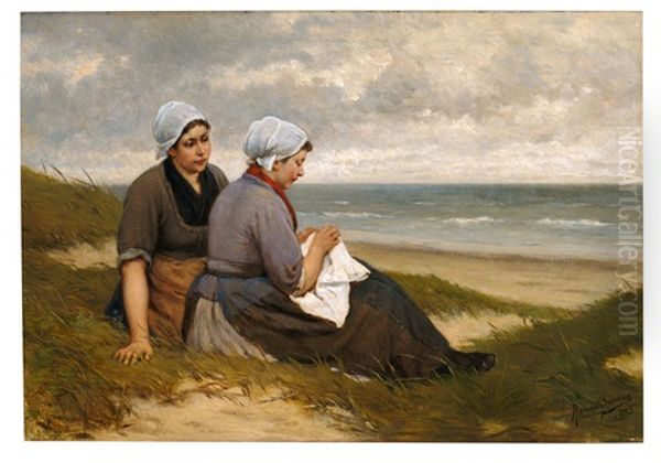 Zwei Madchen In Belgischer Tracht Am Strand - view 1