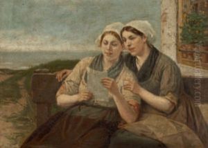 Zwei Junge Frauen Beim Lesen Eines Briefes by Henri Jacques Bource