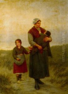 A Mother And Her Children Returning Home by Henri Jacques Bource