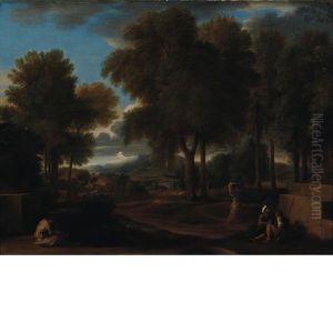 Italianate Landscape With A Monk And Peasants By A Fountain by Sebastien Bourdon