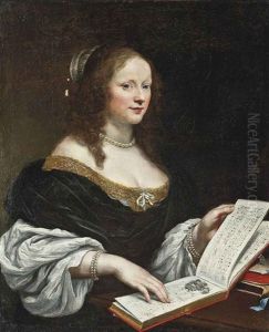 Portrait Of A Lady In A Blue Dress, A Pearl Necklace And Bracelets With An Open Book Of Music On The Table