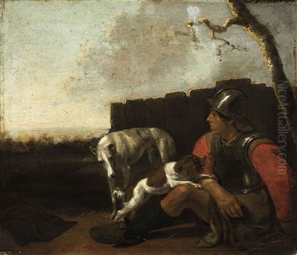 A Soldier Seated Against A Wall, With Two Dogs, In A Landscape - view 1