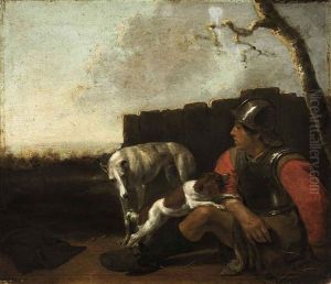 A Soldier Seated Against A Wall, With Two Dogs, In A Landscape