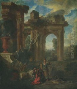 Alttestamentarische Szene In Italianisierender Ruinenlandschaft by Sebastien Bourdon