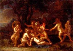 Putti Disporting In A Landscape by Sebastien Bourdon