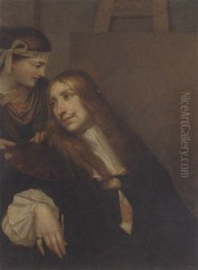 Portrait Of The Artist Wearing The Medal Of The Order Of Saint Luke, With The Muse Of Painting by Sebastien Bourdon