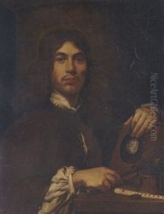 Portrait Of An Artist Holding A Hammer And Chisel Before An Intaglio Oval Portrait Bust Of A Classical Figure, With A Pot Of Chisels And A Flute On A Table