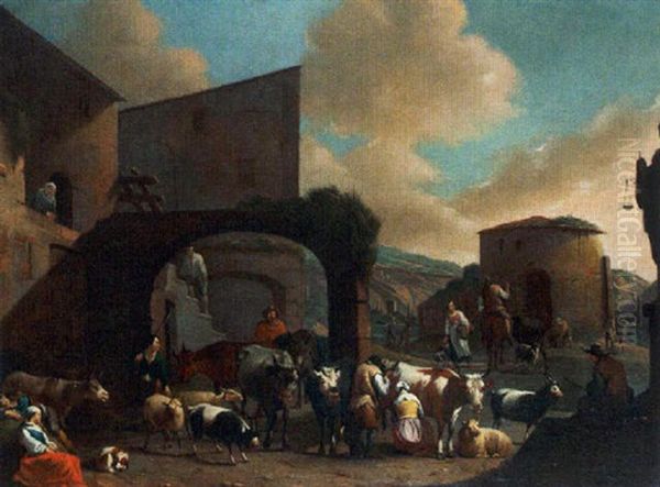 Shepherds And Their Herd On A Village Market - view 1